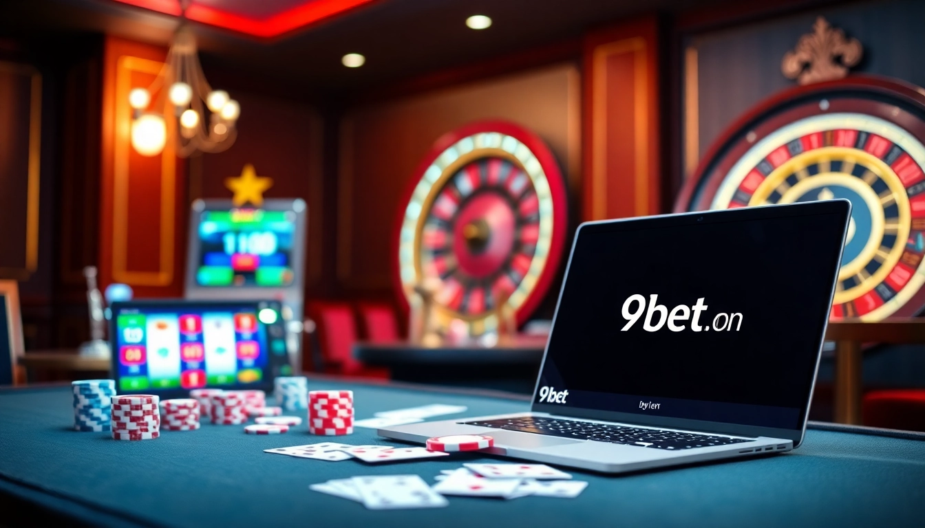 Experience thrilling casino action at 9bet.com with poker chips and vibrant slot machines.