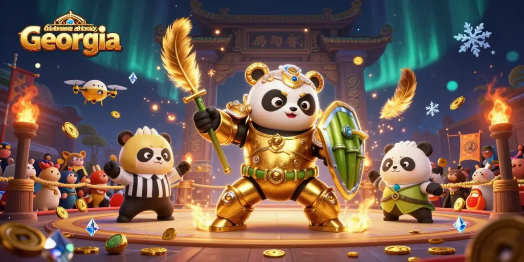 Engaging scene of a golden panda mech-suit representing a criminal defense attorney Georgia, with dynamic chips and casino elements