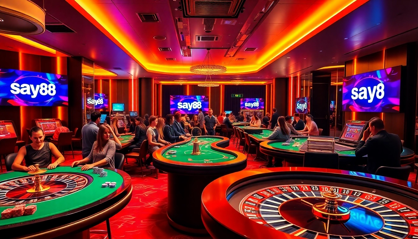 Players enjoying thrilling games at SAY88 online casino in a luxurious atmosphere.