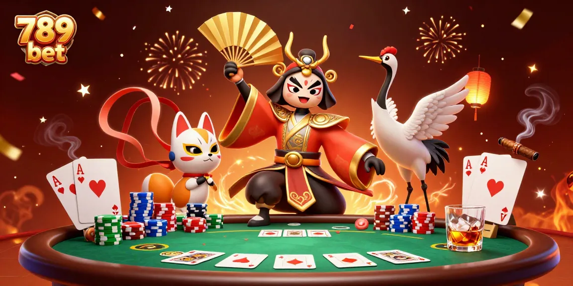 A vibrant gaming scene featuring 789 bet with a kabuki warrior and kitsune, surrounded by poker elements.