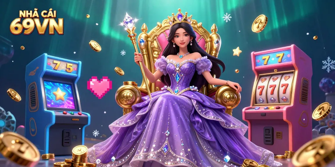 Engage with the NHÀ CÁI 69VN experience amidst slot reels, glowing coins, and a royal setting.