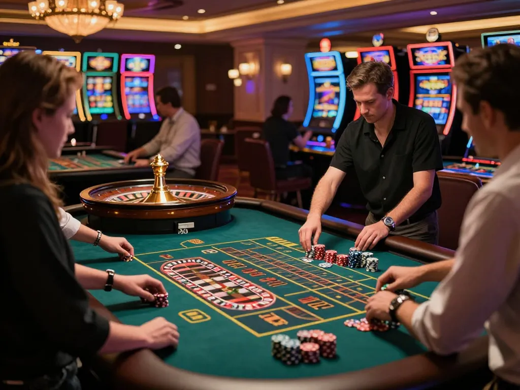 Players enjoying an exhilarating roulette game at fly88's live casino, filled with excitement and vibrant lights.