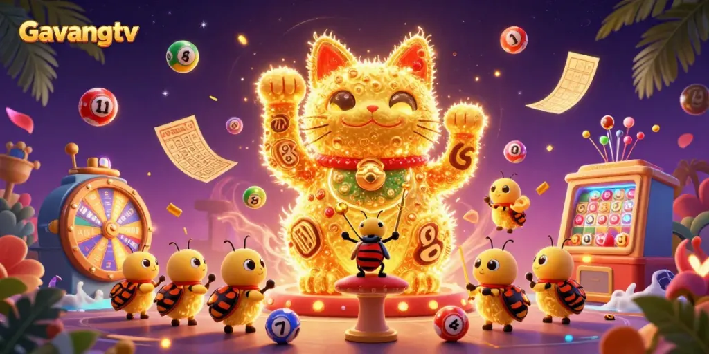 Gavangtv showcases a vibrant illustration with a lucky cat, colorful lottery balls, and dynamic casino elements.