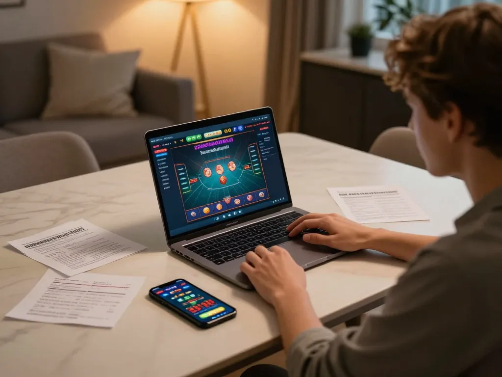 Lô Đề Uy Tín player strategizing with laptop and smartphone in cozy home setup.