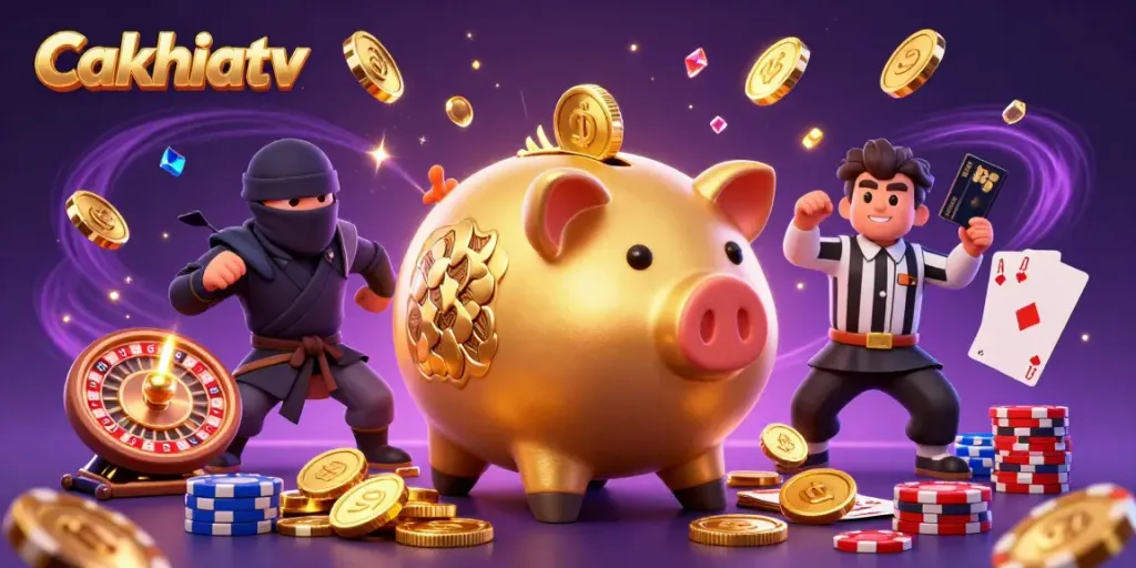 Cakhiatv features a golden piggy bank sumo wrestler amidst cascading coins, casino elements, and dynamic energy.