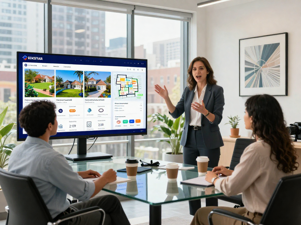 Real estate agent showcasing IDXSTAR property listings to clients in a modern office.