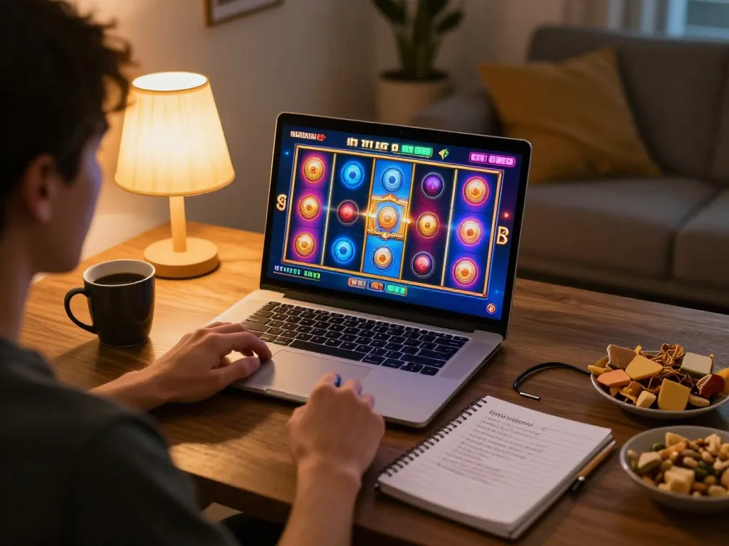Engaging in agenslot188 online slot game with colorful interface in a cozy home setup