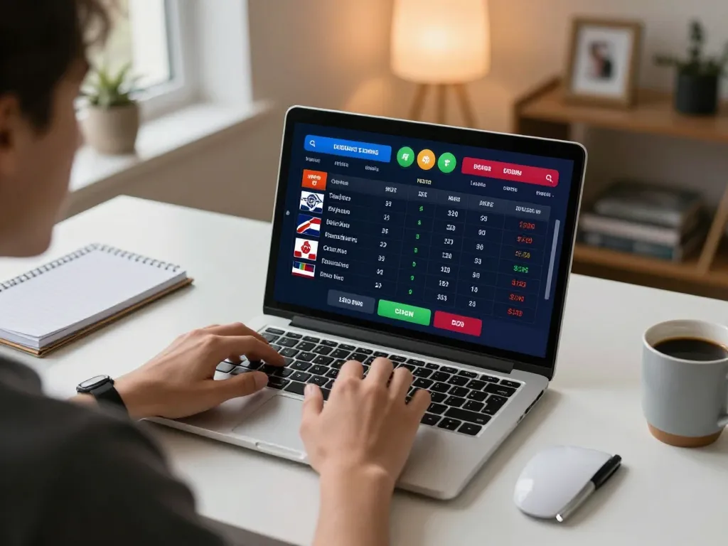 Engaging in live sports betting with 1GOM's casino app on a laptop at home.