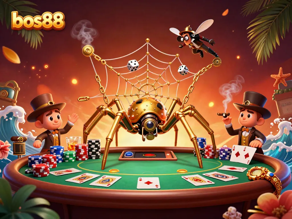 Win big at bos88 with a vibrant 3D scene of a golden spider weaving a web of poker chips and dice.