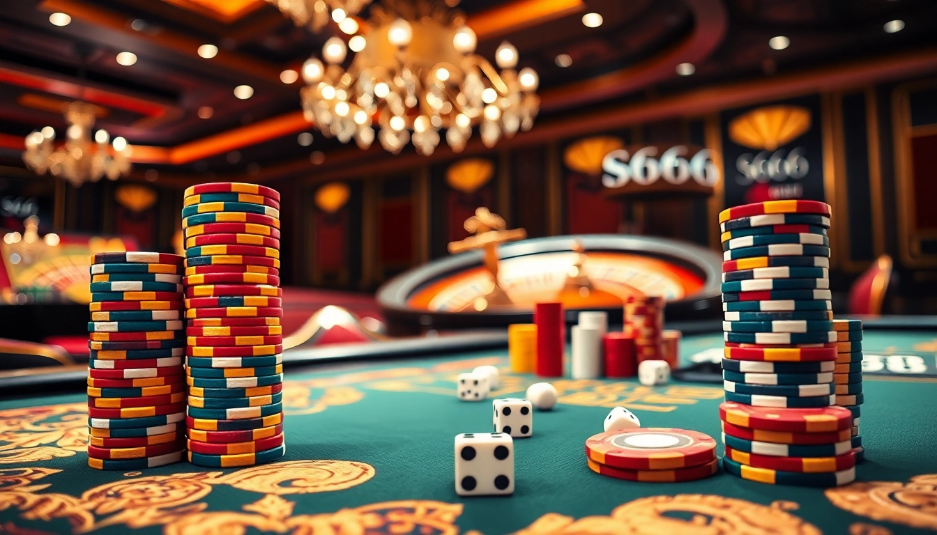 S666 poker scene with vibrant chips and roulette wheel creating an exciting casino atmosphere