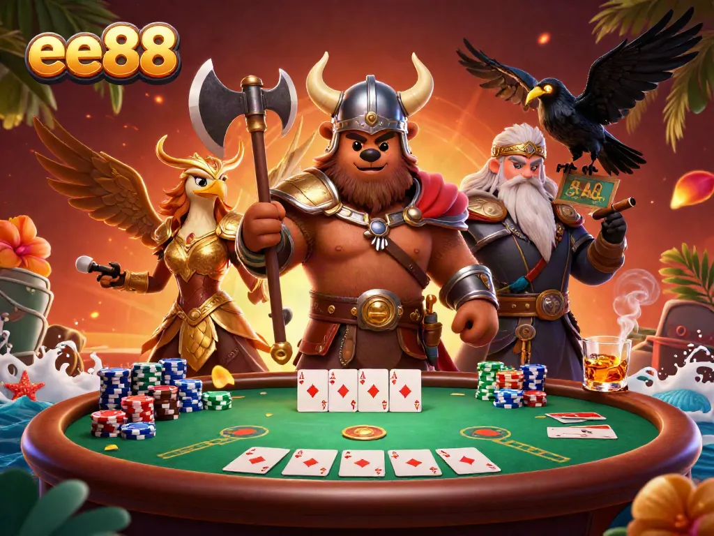 Engage in thrilling poker at ee88 with a fierce Viking bear, Valkyrie eagle, glowing cards, and poker chips.