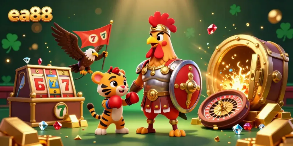 Engage with ea88's thrilling online casino experience in a vibrant scene featuring dynamic characters and rich gambling elements.