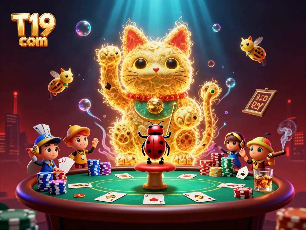 Experience the excitement of T19 com with golden fireflies forming a lucky cat, surrounded by poker elements.