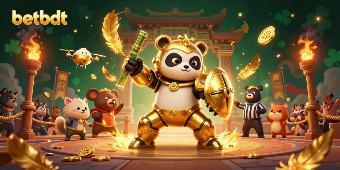 Engage with betbdt in electrifying 3D casino action featuring a mech-suit panda in vibrant fight arena.