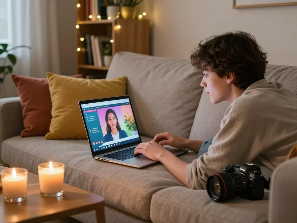 Engaging in an ai porn chat in a cozy home setting with laptop and soft lighting.