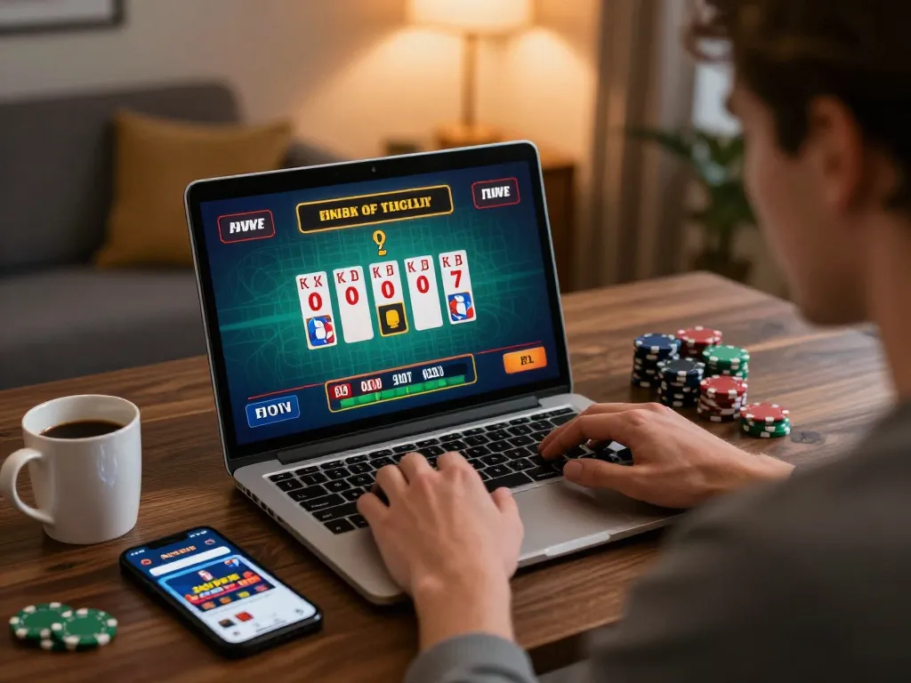 Player using laptop for 88club online gaming with live dealer, showcasing strategic gambling.