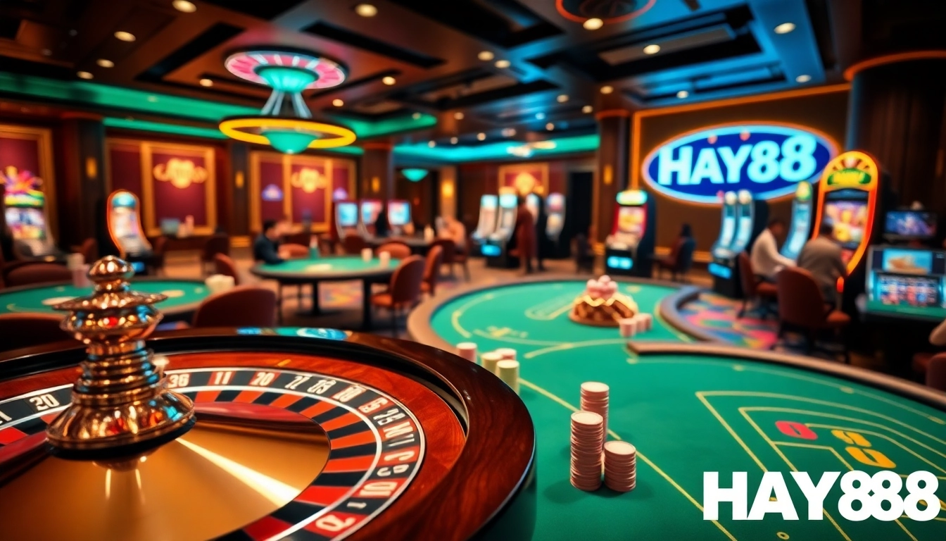 Players enjoying thrilling games at HAY88 casino with poker tables and exciting slot machines.