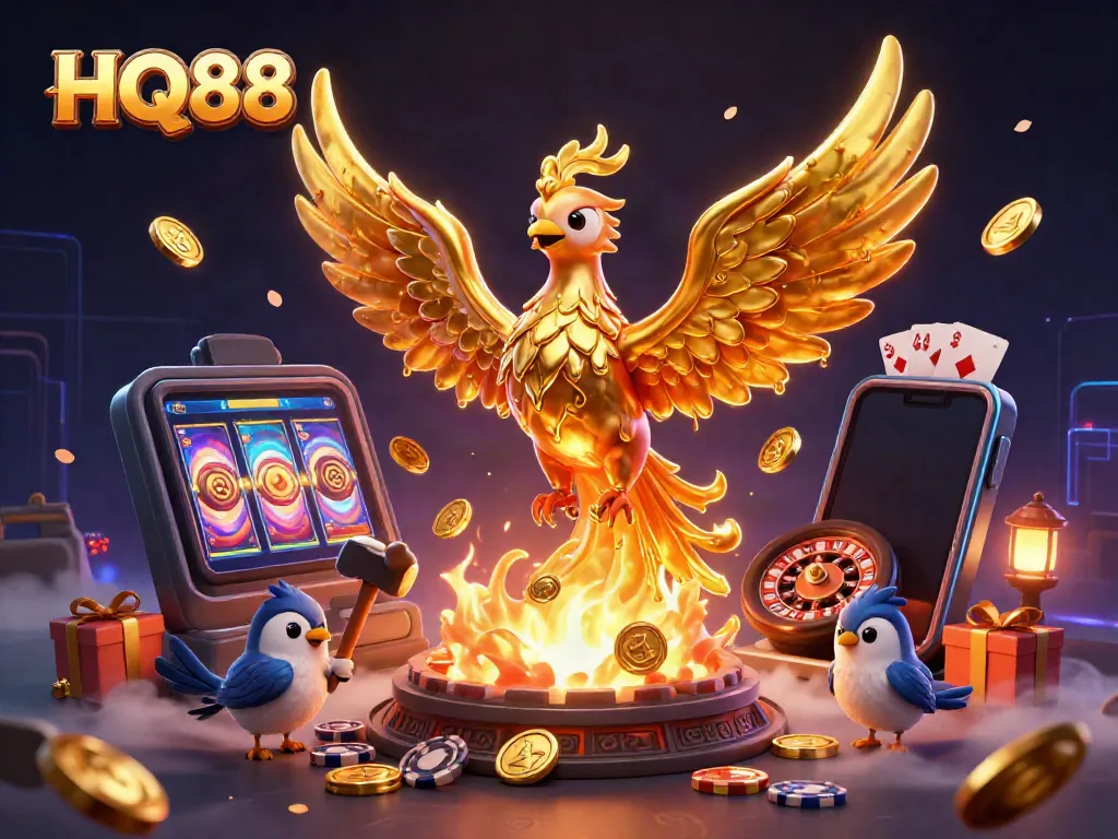 Experience the excitement with HQ88 as the golden phoenix soars among vibrant gaming elements.