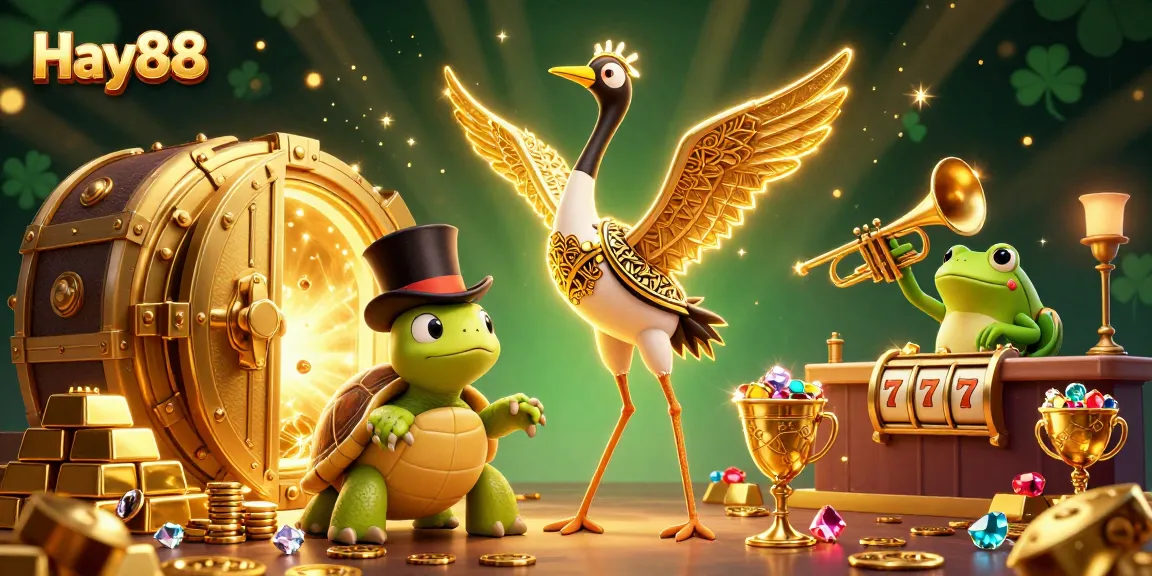 Experience excitement with Hay88's vibrant casino scene featuring animated characters and stunning treasure.