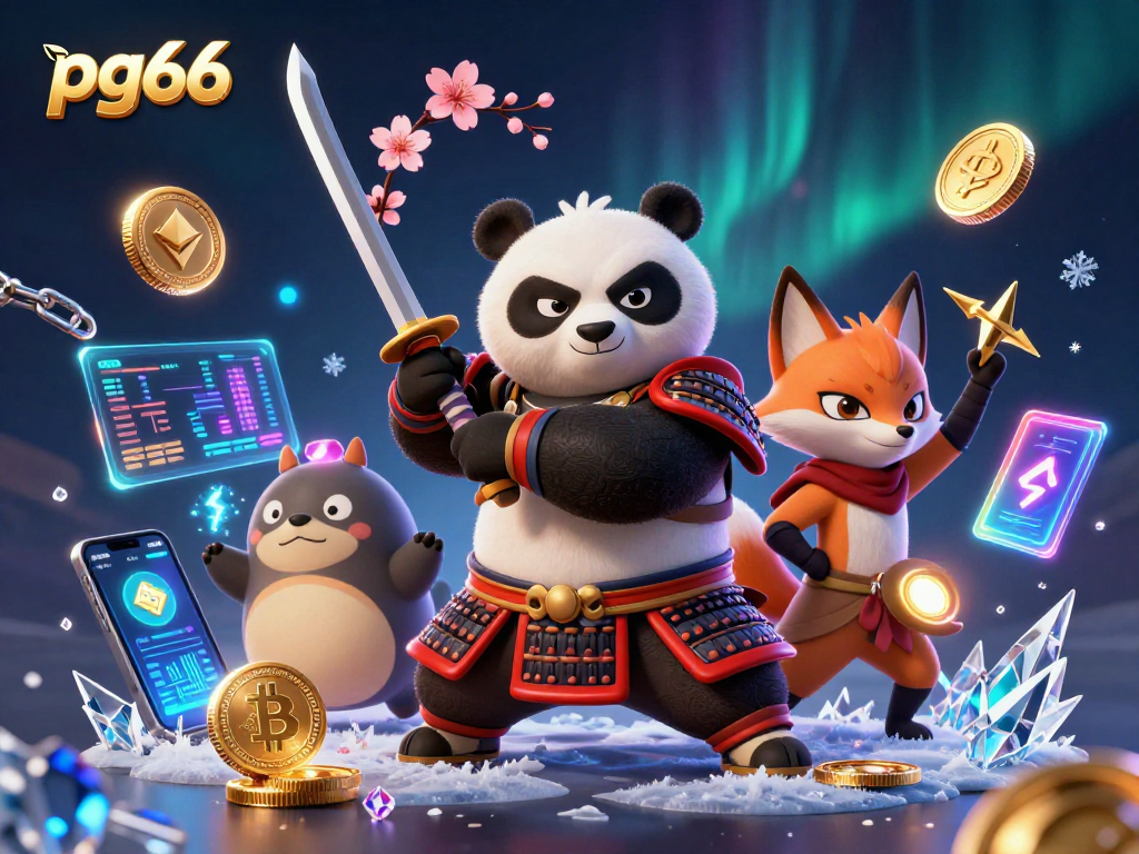 Engage in thrilling gaming at pg66 with samurai panda and ninja fox amid vibrant crypto elements.