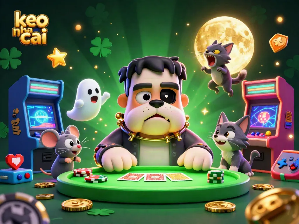 Engage with keo nha cai strategies at a vibrant casino scene featuring a bulldog monster.