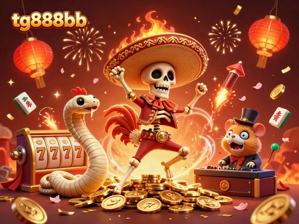 Experience the thrill at tg888bb with a vibrant 3D illustration of festive characters amidst casino elements.
