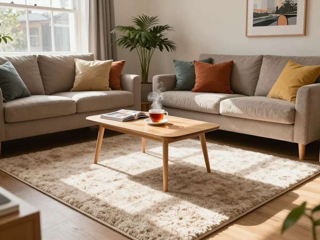 Affordable carpets London enhancing a cozy living room with plush sofa and greenery.
