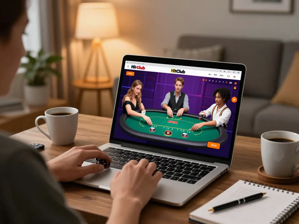 Hitclub online casino gaming session on a laptop with engaged user and cozy decor.