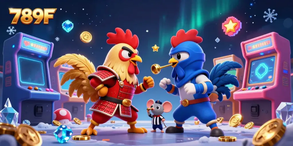 Engage with thrilling action at 789F featuring fighting roosters amidst a vibrant gaming atmosphere.