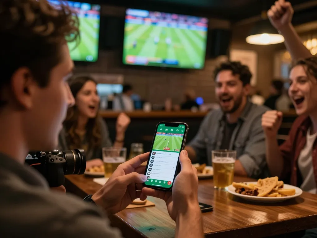 SHBET sports betting enthusiast actively placing bets on a smartphone app during a live football match with friends.
