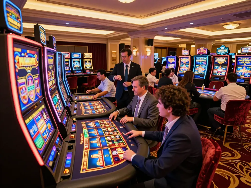 Players enjoying exciting games at QH88go casino, showcasing vibrant slot machines and luxurious atmosphere.