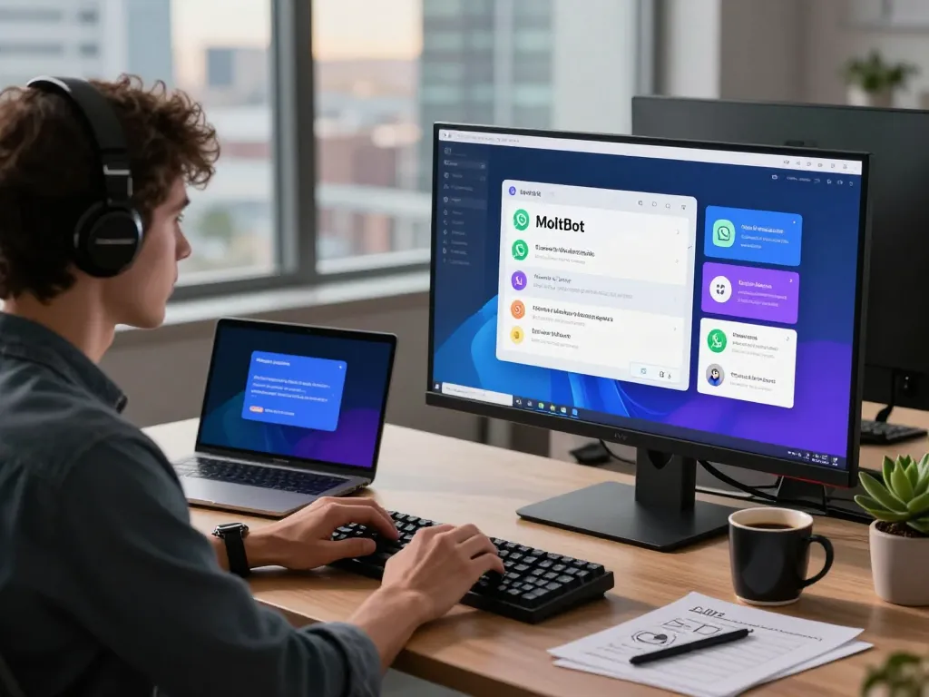 MoltBot AI in action at a sleek workspace, showcasing productivity and modern technology integration for personal assistance.