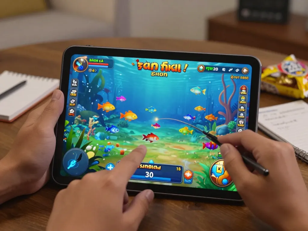 Bắn cá đổi thưởng session featuring a player targeting fish on a tablet while taking notes for strategy.