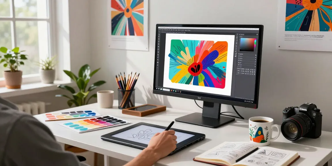 Artist using an image to prompt generator in a creative workspace filled with art supplies and AI-generated artwork.