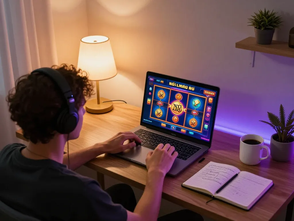 Nổ hũ player engaging with colorful slot game on a laptop in a cozy home workspace.