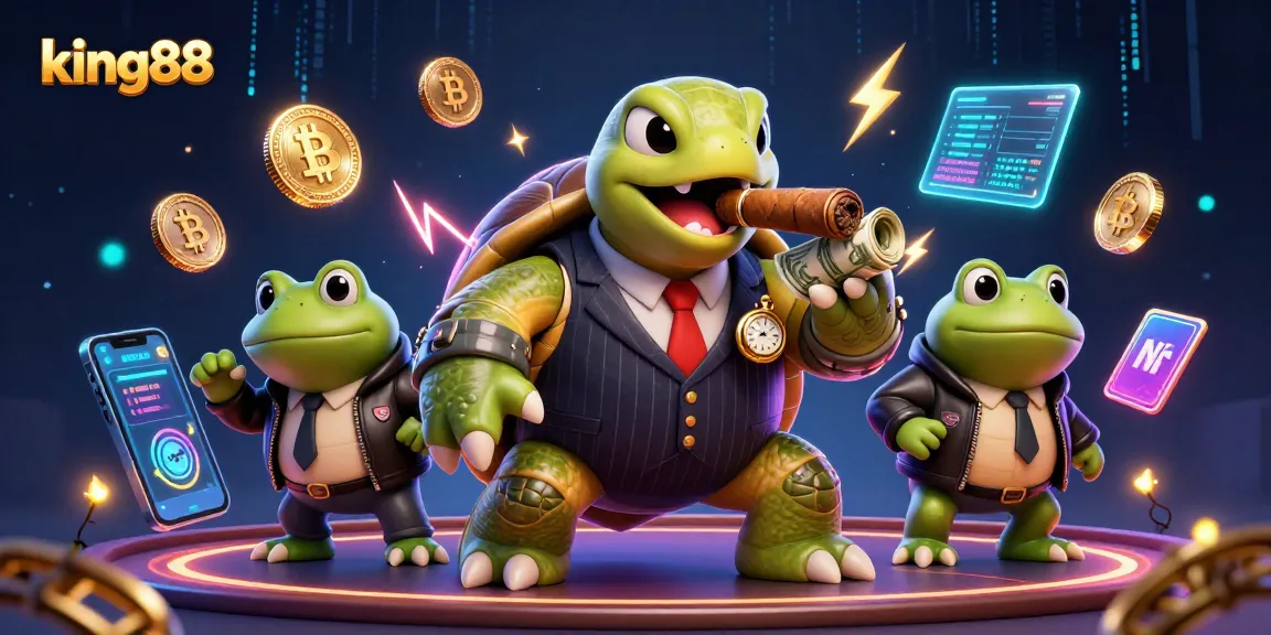 Join the excitement at king88 with a cartoon turtle and bullfrogs amidst vibrant casino action
