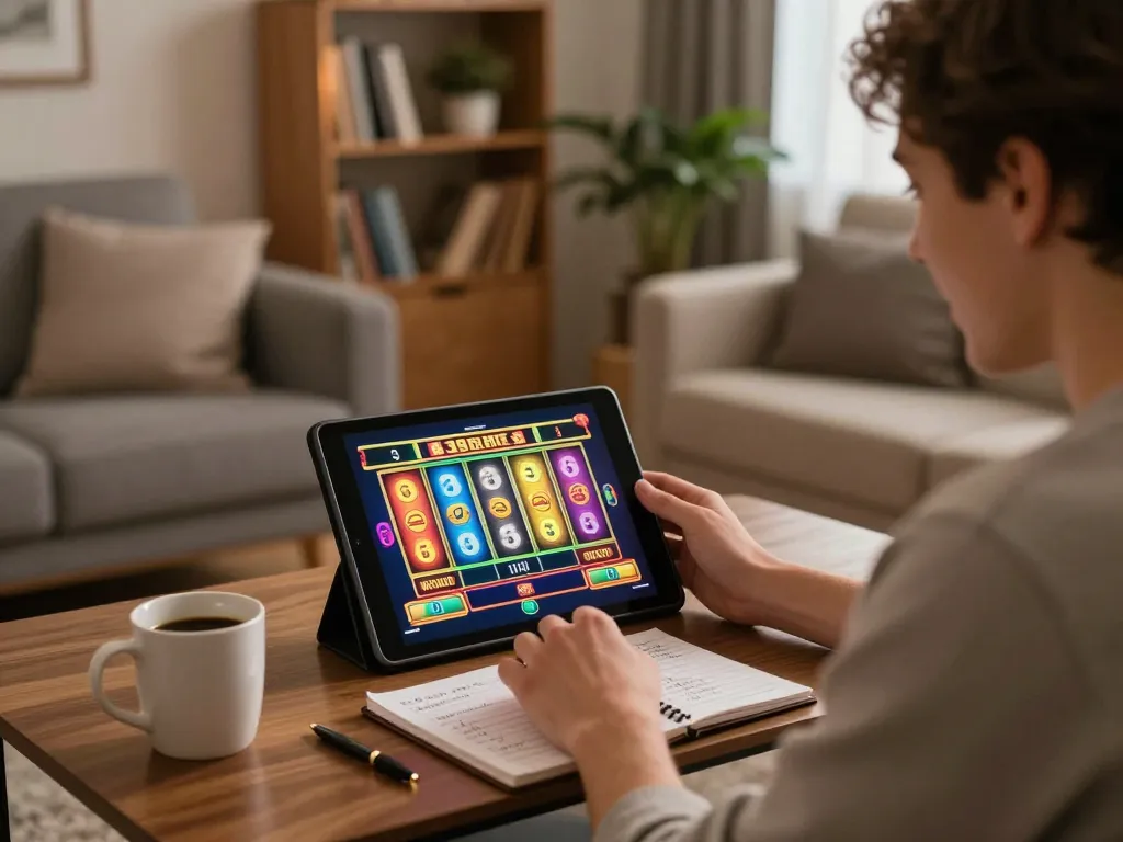 FLY88 player enjoying exciting tablet gaming experience at home, engaged in colorful slot game.