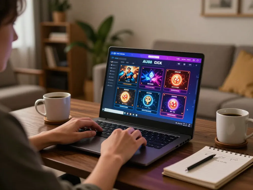 Player engaging with AU88 click online casino platform on laptop in cozy home setting.