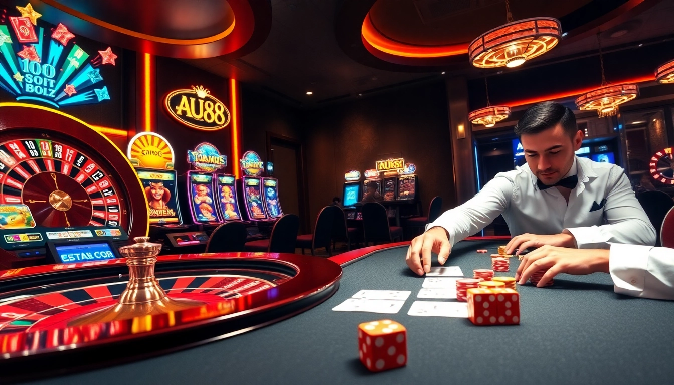 Experience thrilling gameplay at AU88 with a luxurious casino atmosphere showcasing roulette and poker.