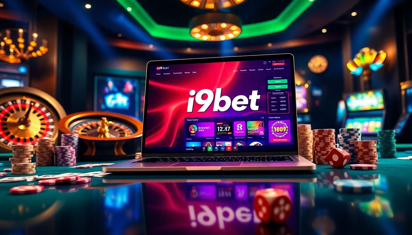 I9bet online gambling scene featuring vibrant casino elements like poker chips and a roulette wheel.