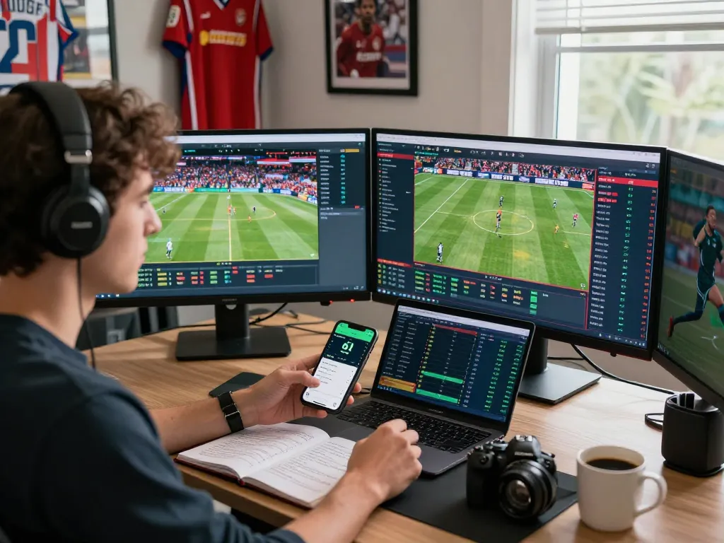 Exciting 1gom sports betting scene with multiple screens and sports memorabilia in a vibrant home office.