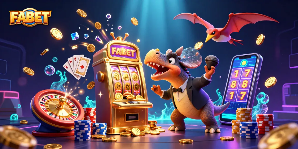 FABET showcases a cartoon pachycephalosaurus winning jackpots at a vibrant casino scene.
