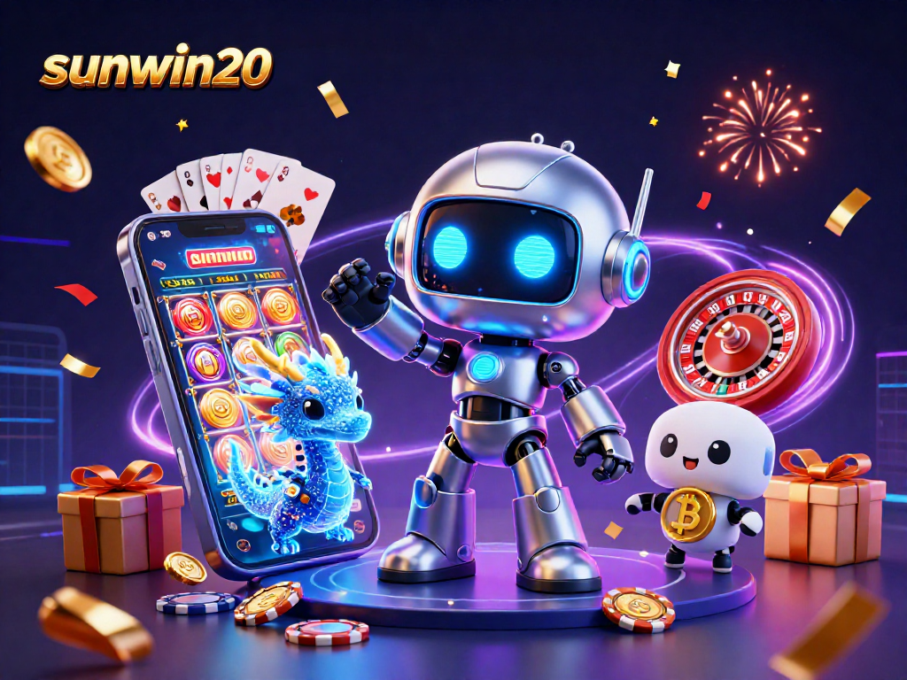 Spin to win with sunwin20 in a vibrant mega jackpot scene featuring a cyberpunk mascot and casino games.