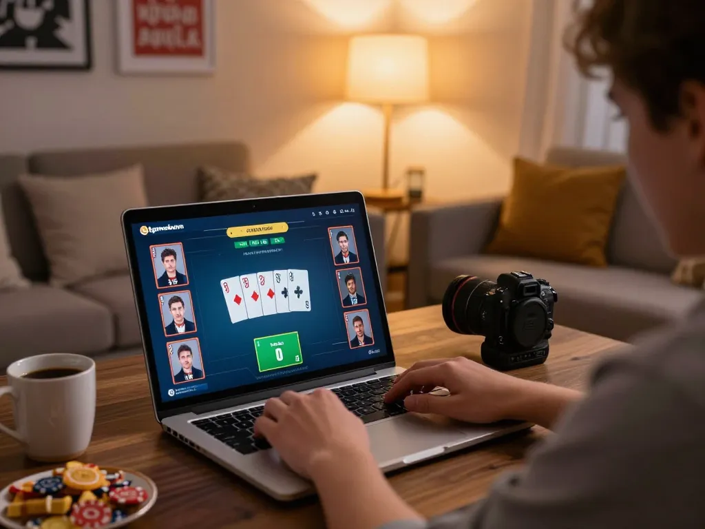 Player enjoying online poker at home with 68gamebaivn showcasing strategic game decisions.