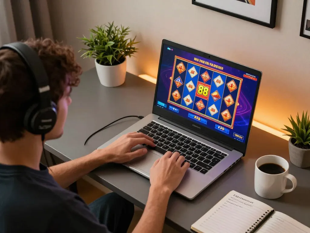 Player enjoying Go 88 games on a sleek laptop, with vibrant slot graphics in a cozy home setup