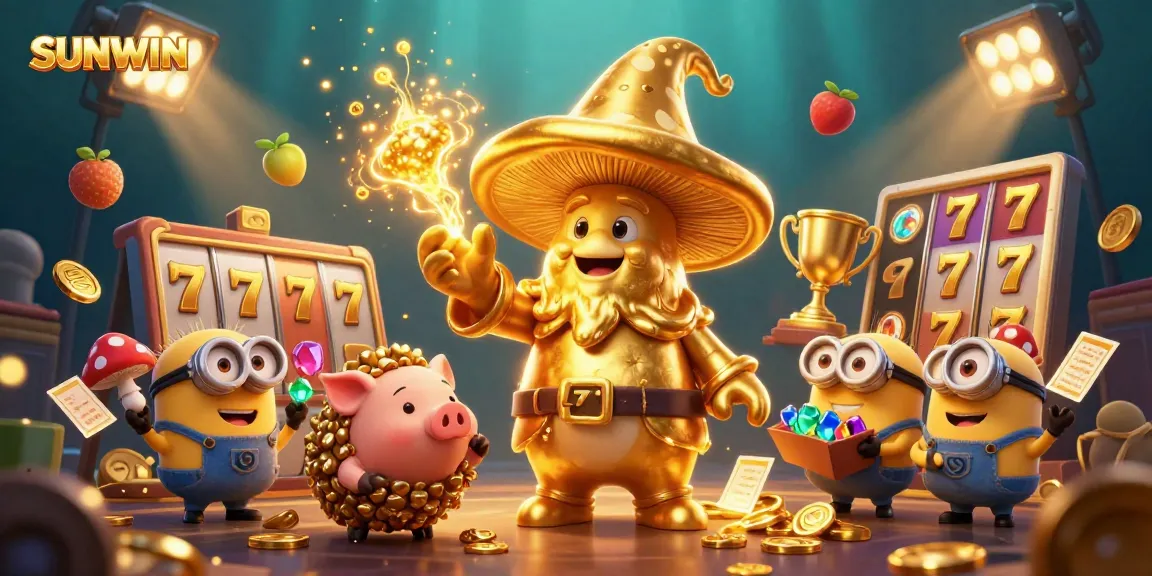 SUNWIN transforms gameplay with an enchanted golden mushroom wizard channeling magical spore treasures amidst vibrant slot elements.