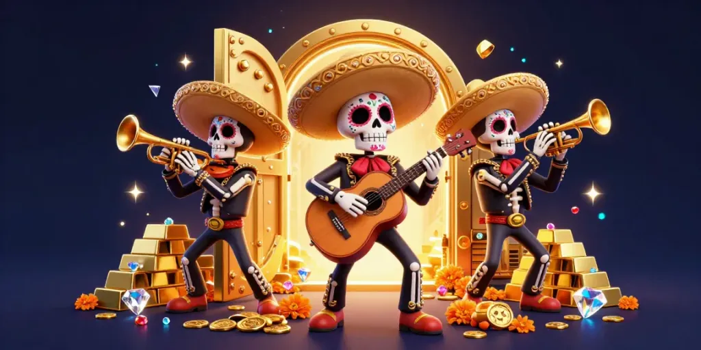 Experience the vibrancy of ea88 with 3D mariachi skeletons celebrating casino winnings amid golden treasures.