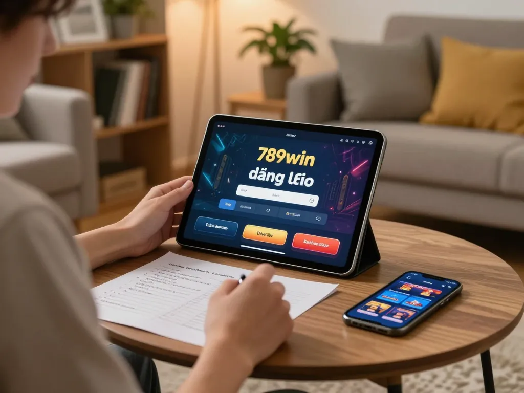 Player engaged in 789win đăng nhập process on a tablet, showcasing strategic gaming environment.