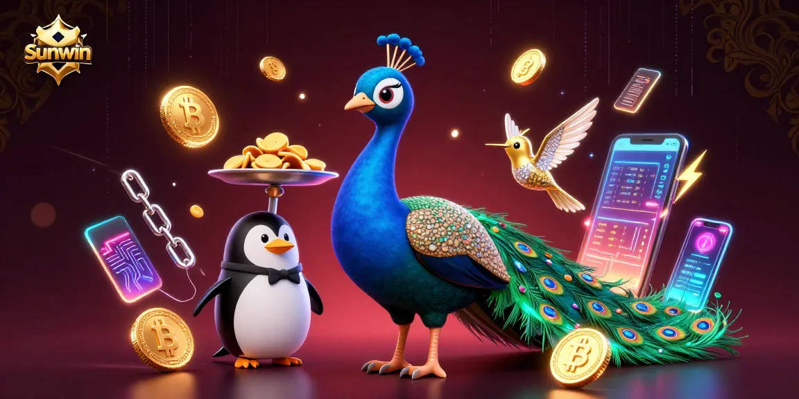 Experience Sunwin's vibrant gaming scene with a peacock, penguin, and hummingbird amidst crypto elements.