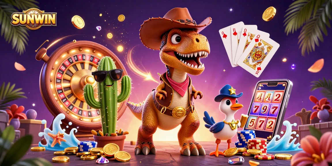 SUNWIN casino illustration showing T-Rex, a cactus, and a roadrunner surrounded by cascading coins and a roulette wheel.
